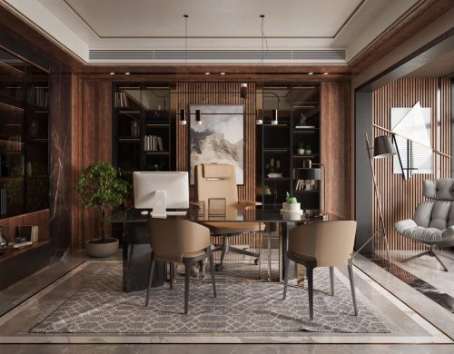 A 3D rendering by HAZA3D of an elegant and modern office with a black glass desk, beige chairs, and a large showcase with decorative items. A gray rug is positioned under the desk and client chairs, with a gray marble floor. The showcase is divided into two parts, with a slat wood paneling in the middle, and a painted canvas on the middle part. On the right side of the room, there is a gray armchair beside a big window with metal blinds, wood slat paneling, and a geometric artwork. On the left side, there is another big showcase with black tinted glass panes and a long wooden box shelf underneath. The room has warm, dark brown wood paneling on most of the walls, a white ceiling with a long vent, and a black and gold suspended lamp above the desk. The overall atmosphere is clean, professional, and warm, with soft overcast shadows and well-lit surfaces.