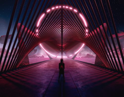 A girl stands on a symmetrical bridge at night with a galaxy sky and floating rocks in the background.